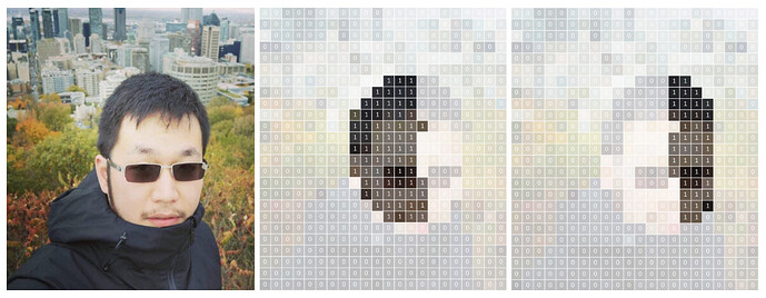 示例表明，分割人体部位区域的任务可表示为对每像素的多通道二进制决策任务。对于每个身体部位通道，1 表示像素属于身体部位区域，0 表示像素不属于身体部位区域（从左到右依次为：输入图像、右脸通道和左脸通道）