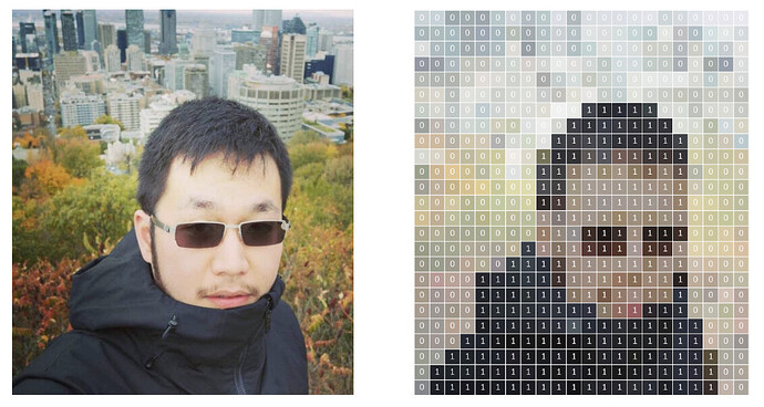 上图说明人物区域分割任务可表示为对每个像素的二进制决策任务。1 表示像素属于人物区域，0 表示像素不属于人物区域（为便于演示，我们已降低分割分辨率）